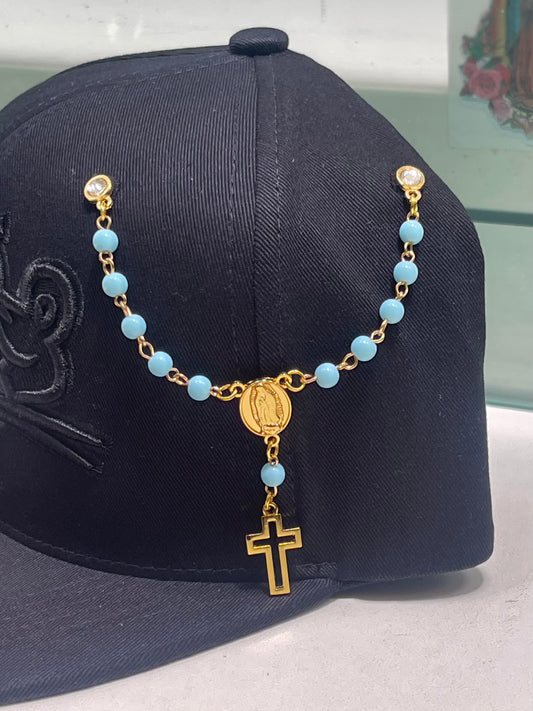 BLUE BEAD ROSARY PIN