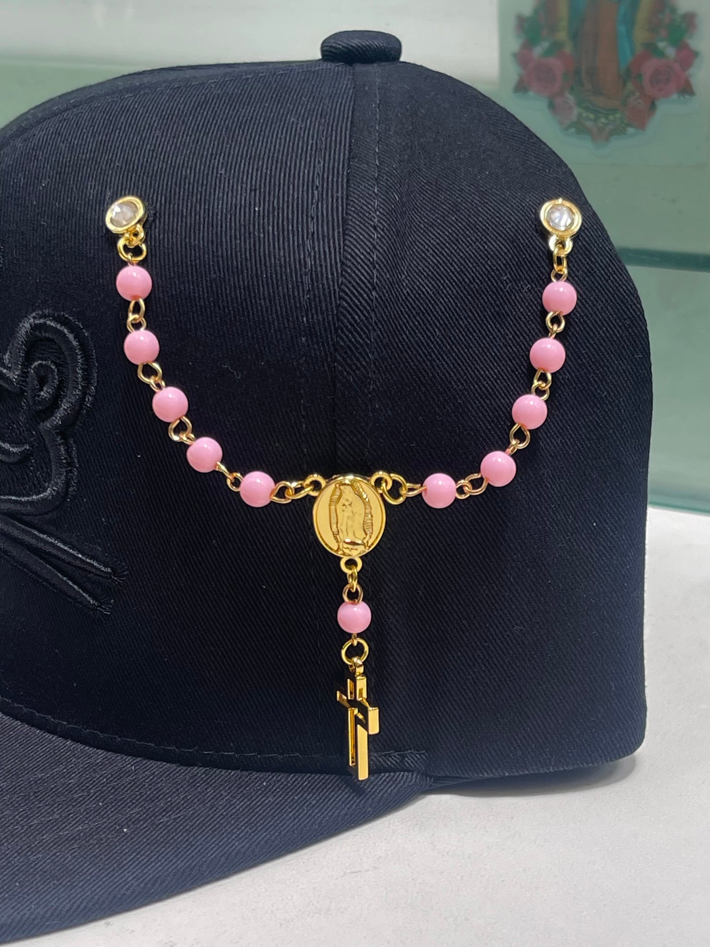 PINK BEAD ROSARY PIN